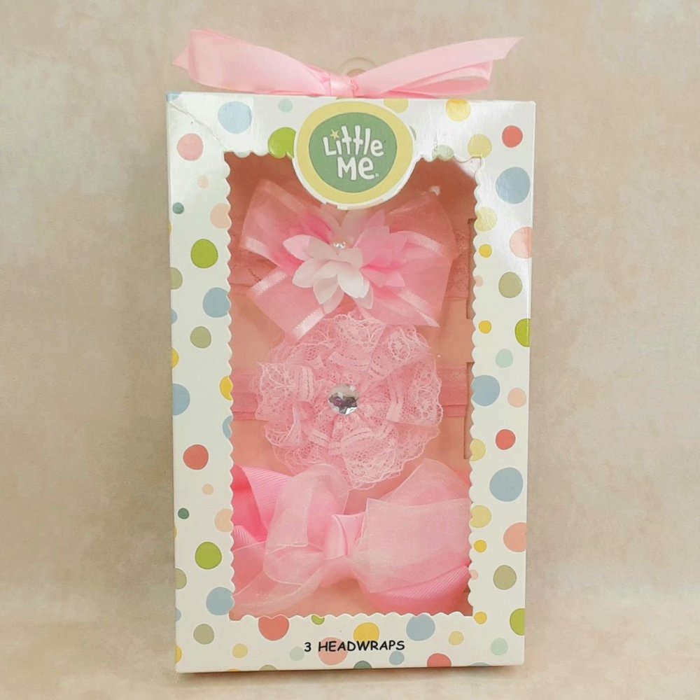 'LITTLE ME' GIFT BOX BABY HEADBANDS SATIN, BOW, LACE 3~PIECE SET WHITE & PINK